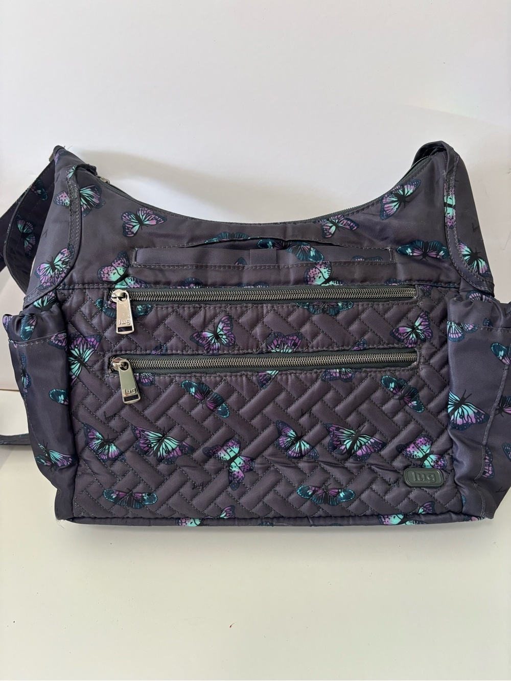 lug Quilted Shoulder Bag in Dark Gray with Teal & Purple Butterfly Print